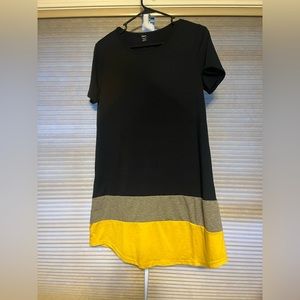 Navy, yellow and grey shirt dress. Comfortable!